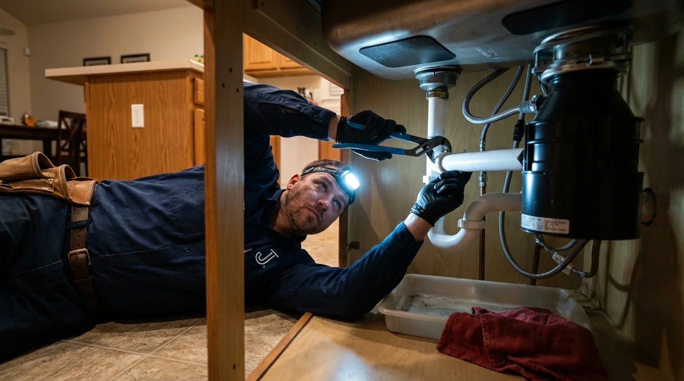 P-trap and supply line connections under a kitchen sink showing a common leak point in Ocala, FL